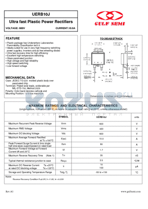 UERB10J datasheet - Ultra fast Plastic Power Rectifiers VOLTAGE: 600V CURRENT:10.0A