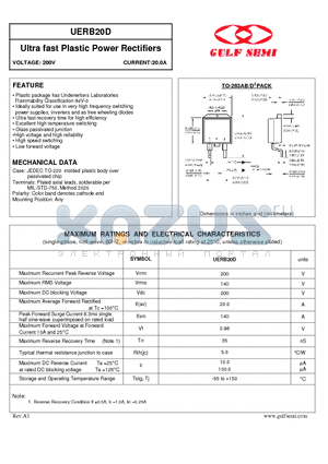 UERB20D datasheet - Ultra fast Plastic Power Rectifiers VOLTAGE: 200V CURRENT:20.0A