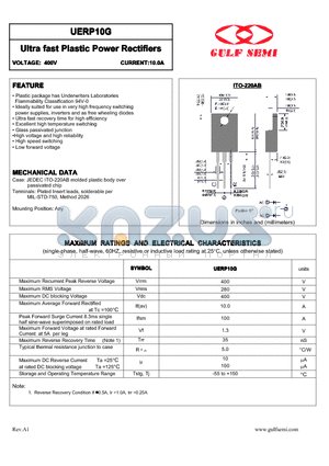 UERP10G datasheet - Ultra fast Plastic Power Rectifiers VOLTAGE: 400V CURRENT:10.0A