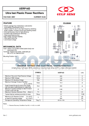 UERP16D datasheet - Ultra fast Plastic Power Rectifiers VOLTAGE: 200V CURRENT:16.0A