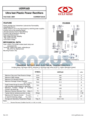 UERP20D datasheet - Ultra fast Plastic Power Rectifiers VOLTAGE: 200V CURRENT:20.0A
