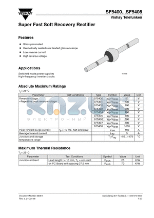 SF5400 datasheet - Super Fast Soft Recovery Rectifier