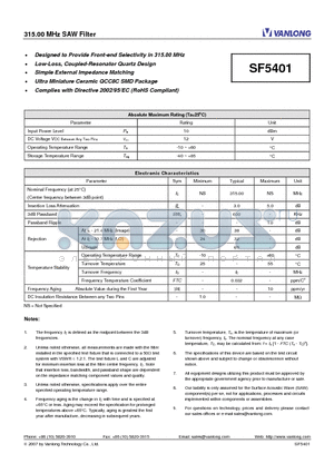 SF5401 datasheet - 315.00 MHz SAW Filter