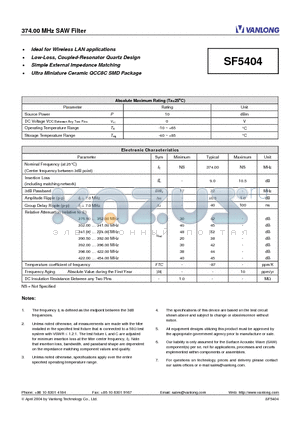 SF5404 datasheet - 374.00 MHz SAW Filter