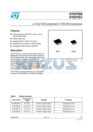 ST207EB datasheet - /-15 kV ESD protected 5 V RS-232 transceiver