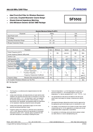 SF5502 datasheet - 406.025 MHz SAW Filter