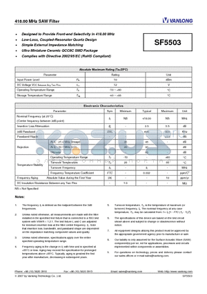 SF5503 datasheet - 418.00 MHz SAW Filter