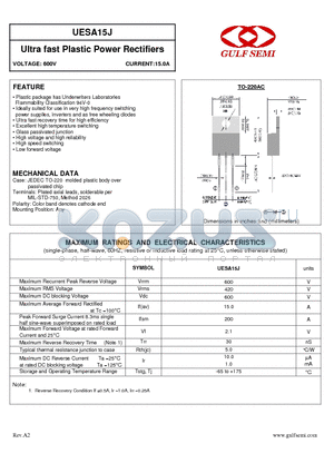 UESA15J datasheet - Ultra fast Plastic Power Rectifiers VOLTAGE: 600V CURRENT:15.0A