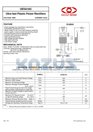 UESA16G datasheet - Ultra fast Plastic Power Rectifiers VOLTAGE: 400V CURRENT:16.0A