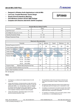 SF5900 datasheet - 864.00 MHz SAW Filter