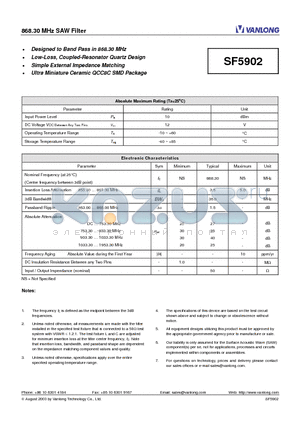 SF5902 datasheet - 868.30 MHz SAW Filter