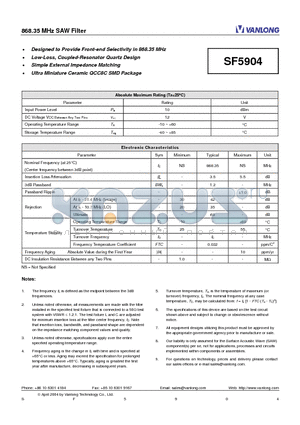 SF5904 datasheet - 868.35 MHz SAW Filter