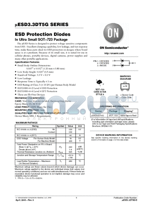 UESD6.0DT5G datasheet - ESD Protection Diodes - In Ultra Small SOT−723 Package