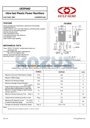 UESP08D datasheet - Ultra fast Plastic Power Rectifiers VOLTAGE: 200V CURRENT:8.0A