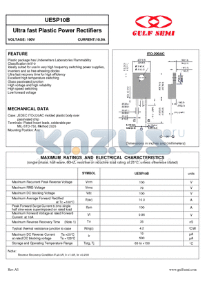 UESP10B datasheet - Ultra fast Plastic Power Rectifiers VOLTAGE: 100V CURRENT:10.0A