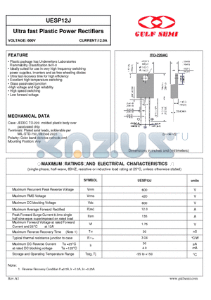 UESP12J datasheet - Ultra fast Plastic Power Rectifiers VOLTAGE: 600V CURRENT:12.0A