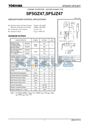 SF5GZ47 datasheet - TOSHIBA THYRISITOR SILICON PLANAR TYPE