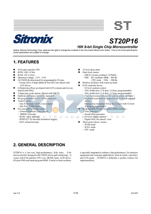 ST20P16 datasheet - 16K 8-bit Single Chip Microcontroller