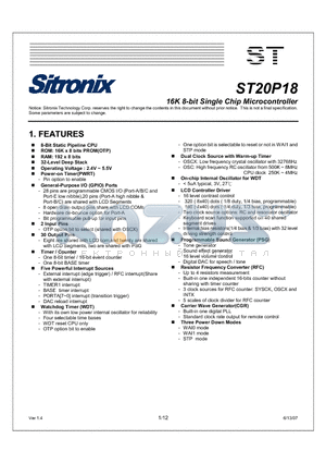 ST20P18 datasheet - 16K 8-bit Single Chip Microcontroller