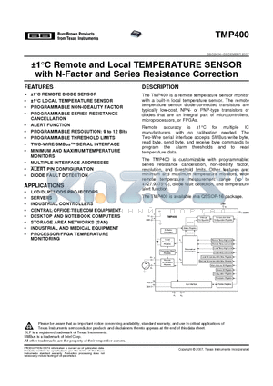 TMP400AIDBQR datasheet - a1`C Remote and Local TEMPERATURE SENSOR with N-Factor and Series Resistance Correction