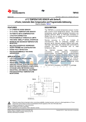 TMP435 datasheet - a1`C TEMPERATURE SENSOR with Series-R, n-Factor, Automatic Beta Compensation and Programmable Addressing