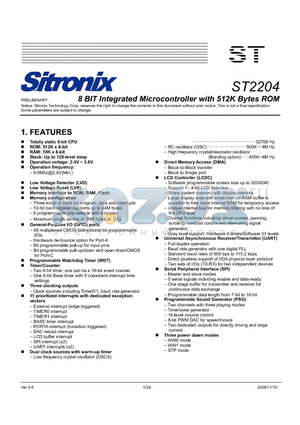 ST2204 datasheet - 8 BIT Integrated Microcontroller with 512K Bytes ROM