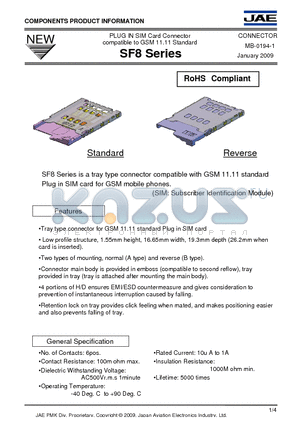 SF8 datasheet - PLUG IN SIM Card Connector compatible to GSM 11.11 Standard