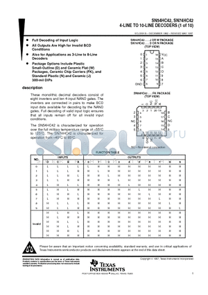 SN74HC42 datasheet - 4-LINE TO 10-LINE DECODERS 1 of 10