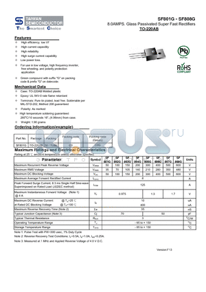 SF801G datasheet - 8.0AMPS. Glass Passivated Super Fast Rectifiers