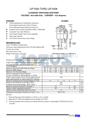 UF1001 datasheet - ULTRAFAST SWITCHING RECTIFIER(VOLTAGE - 50 to 800 Volts CURRENT - 10.0 Amperes)