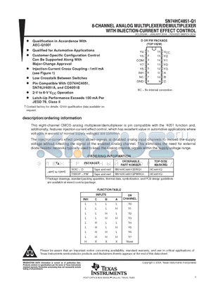 SN74HC4851-Q1 datasheet - 8-CHANNEL ANALOG MULTIPLEXER/DEMULTIPLEXER WITH INJECTION EFFECT CONTROL