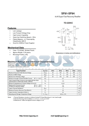 SF84 datasheet - 8.0A Super Fast Recovery Rectifier