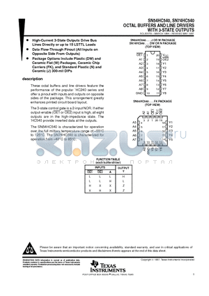 SN74HC540DW datasheet - OCTAL BUFFERS AND LINE DRIVERS WITH 3-STATE OUTPUTS