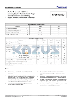 SF868M35C datasheet - 868.35 MHz SAW Filter