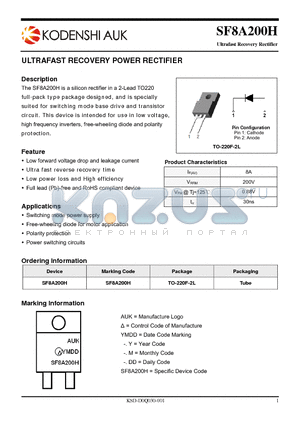 SF8A200H datasheet - ULTRAFAST RECOVERY POWER RECTIFIER