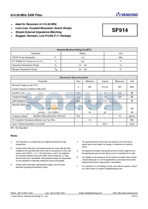 SF914 datasheet - 914.50 MHz SAW Filter