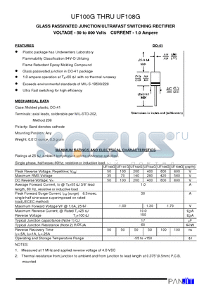 UF100G datasheet - GLASS PASSIVATED JUNCTION ULTRAFAST SWITCHING RECTIFIER(VOLTAGE - 50 to 800 Volts CURRENT - 1.0 Ampere)