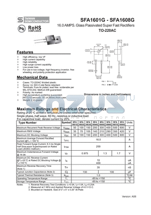 SFA1601G datasheet - 16.0 AMPS. Glass Passivated Super Fast Rectifiers