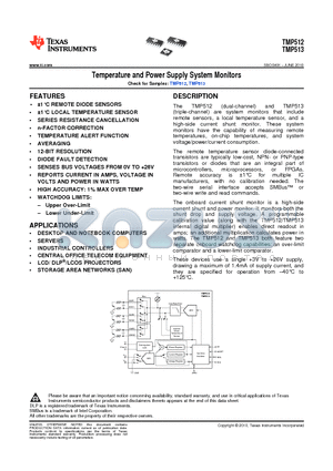 TMP512_1 datasheet - Temperature and Power Supply System Monitors