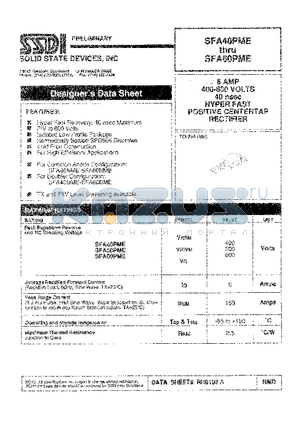 SFA60PME datasheet - 68 AMPS 400 - 600 VOLTS 40 nsec HYPER FAST PDSITIVE CENTERTAP RECTIFIER