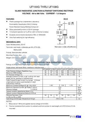 UF106G datasheet - GLASS PASSIVATED JUNCTION ULTRAFAST SWITCHING RECTIFIER(VOLTAGE - 50 to 800 Volts CURRENT - 1.0 Ampere)