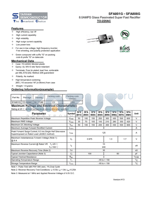 SFA801G datasheet - 8.0AMPS Glass Passivated Super Fast Rectifier