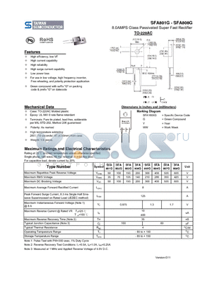 SFA805G datasheet - 8.0AMPS Glass Passivated Super Fast Rectifier