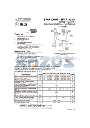 SFAF1008G datasheet - Isolated 10.0 AMPS. Glass Passivated Super Fast Rectifiers