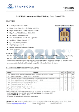 TC1401N datasheet - 0.5 W High Linearity and High Efficiency GaAs Power FETs