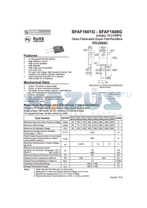 SFAF1606G datasheet - Isolated 16.0 AMPS. Glass Passivated Super Fast Rectifiers