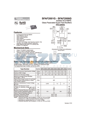 SFAF2001G_10 datasheet - Isolated 20.0 AMPS. Glass Passivated Super Fast Rectifiers