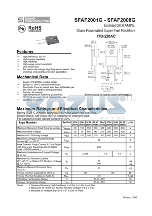 SFAF2002G datasheet - Isolated 20.0 AMPS. Glass Passivated Super Fast Rectifiers