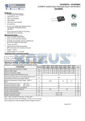 SFAF801G_13 datasheet - 8.0AMPS. Isolated Glass Passivated Super Fast Rectifiers