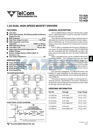 TC1427 datasheet - 1.2A DUAL HIGH-SPEED MOSFET DRIVERS